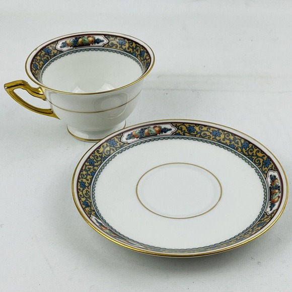 Thomas Bavaria Harvest Footed Cup & Saucer Set Fruit Blue Scroll Gold Rim - Picture 5 of 15